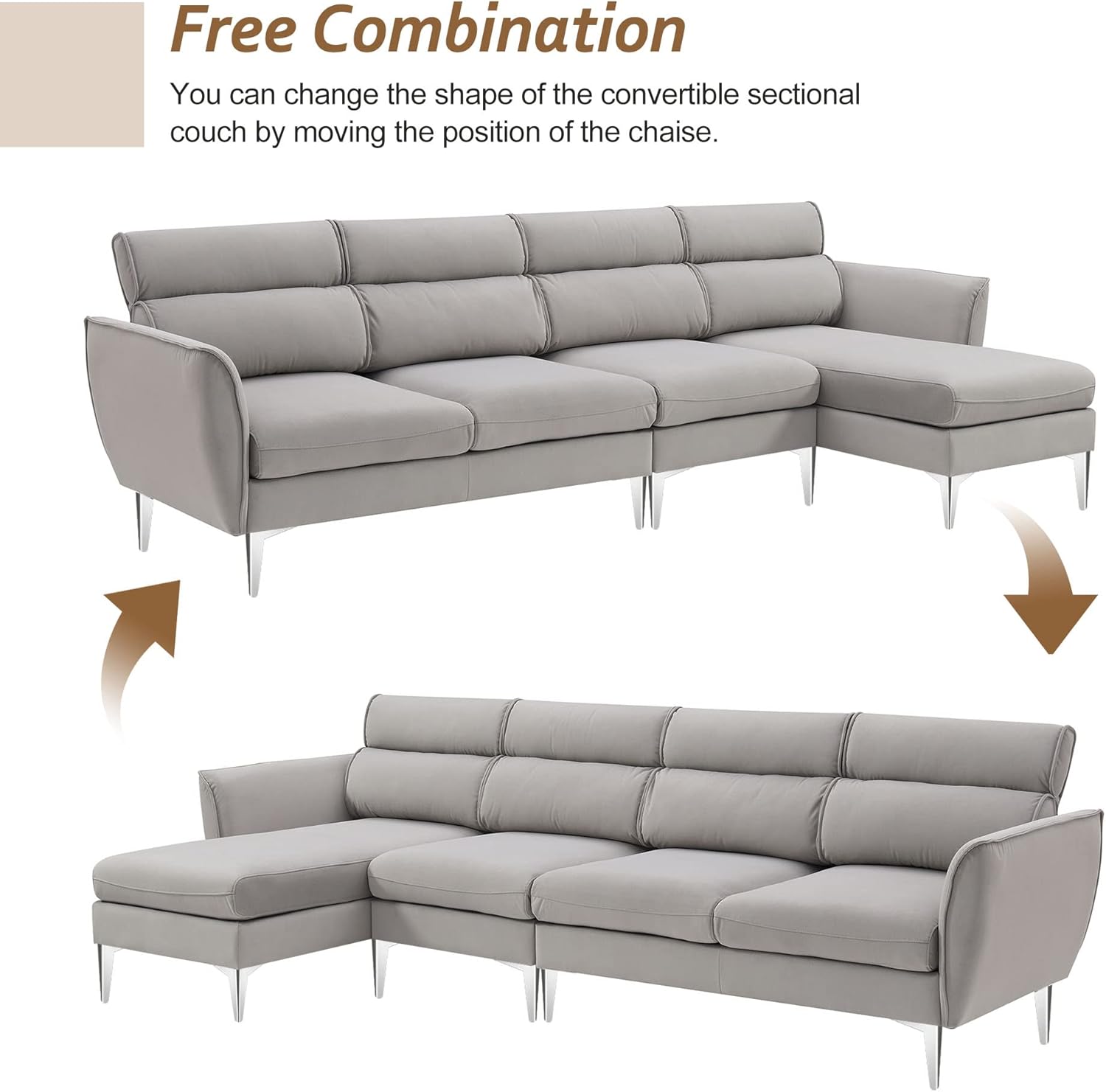 111" Convertible Sectional Sofa Couch, Flannel L Shape Furniture Couch with Chaise Left/Right Handed Chaise - Image 3