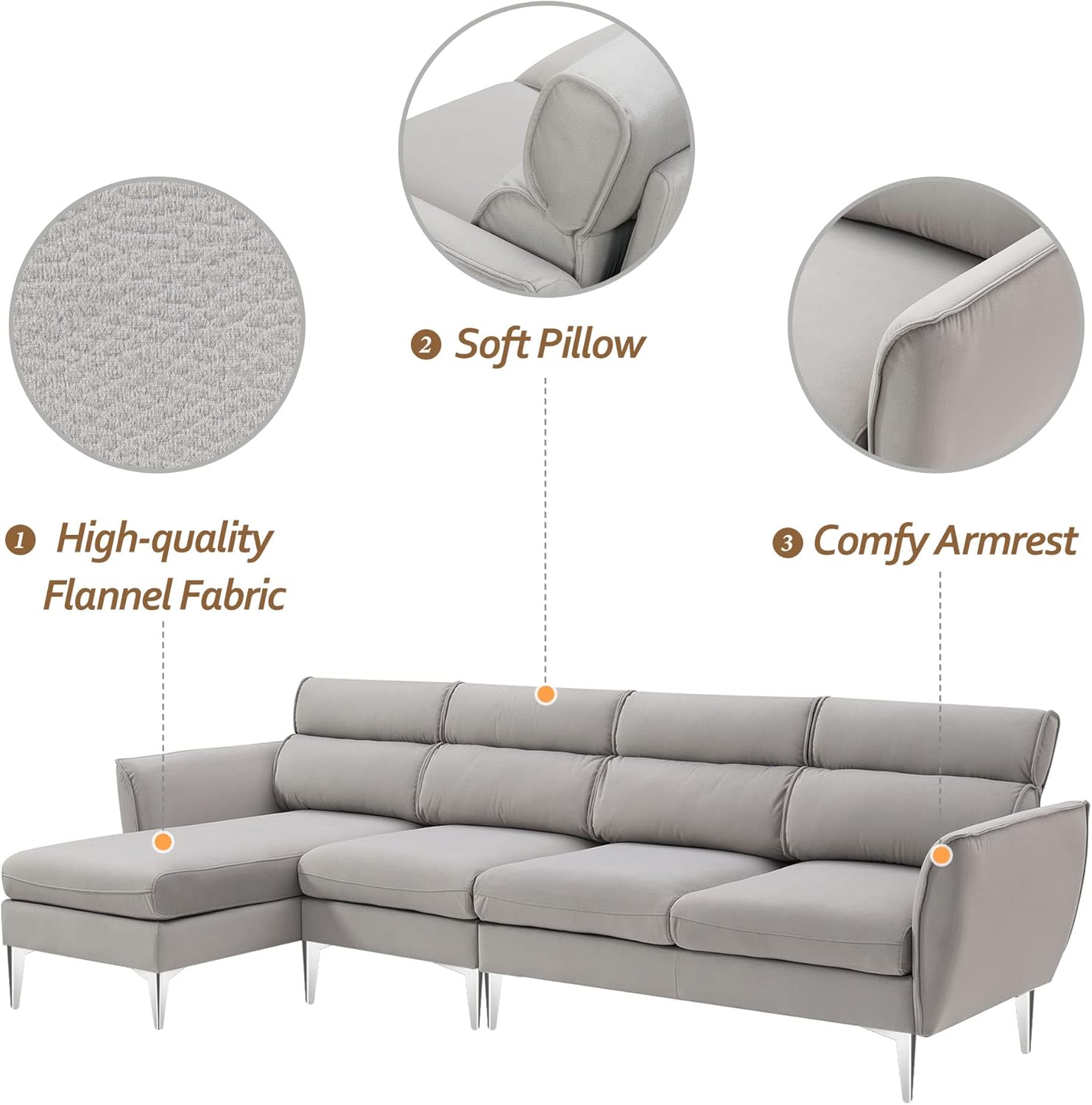 111" Convertible Sectional Sofa Couch, Flannel L Shape Furniture Couch with Chaise Left/Right Handed Chaise - Image 5