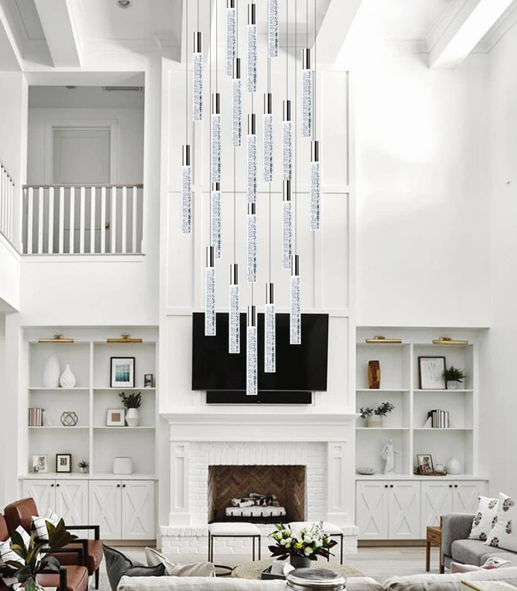 36 Lights 196" High Ceiling Chandelier Crystal Chrome Light Fixtures Dimmable Pendant Lighting Foyer Chandelier Fixtures for Living Room Staircase Hallway Flush Mount Ceiling Light Polished Chrome - Image 6