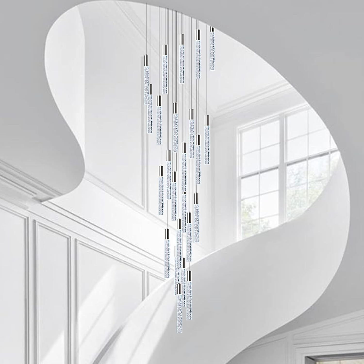 36 Lights 196" High Ceiling Chandelier Crystal Chrome Light Fixtures Dimmable Pendant Lighting Foyer Chandelier Fixtures for Living Room Staircase Hallway Flush Mount Ceiling Light Polished Chrome - Image 16