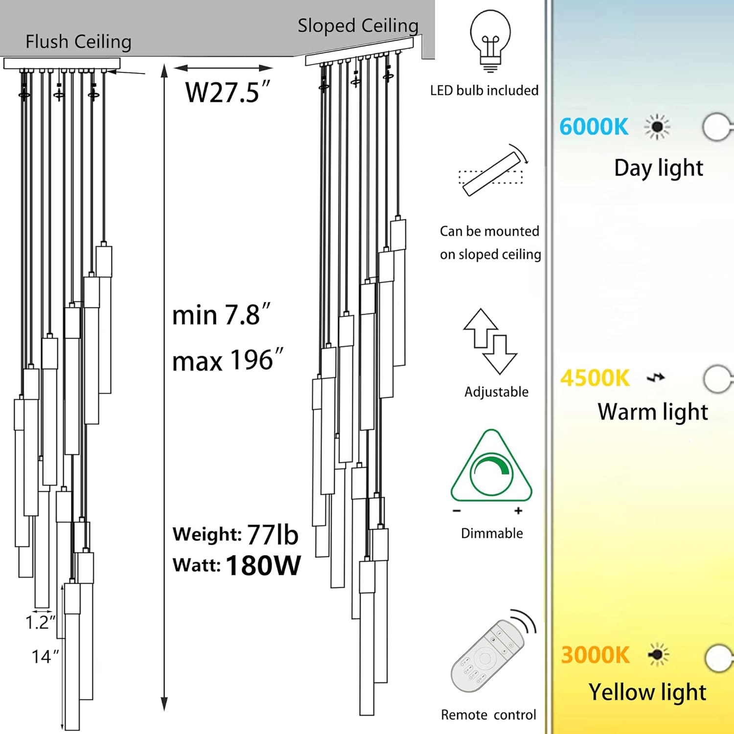 36 Lights 196" High Ceiling Chandelier Crystal Chrome Light Fixtures Dimmable Pendant Lighting Foyer Chandelier Fixtures for Living Room Staircase Hallway Flush Mount Ceiling Light Polished Chrome - Image 2