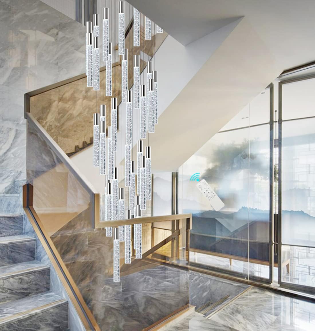 36 Lights 196" High Ceiling Chandelier Crystal Chrome Light Fixtures Dimmable Pendant Lighting Foyer Chandelier Fixtures for Living Room Staircase Hallway Flush Mount Ceiling Light Polished Chrome