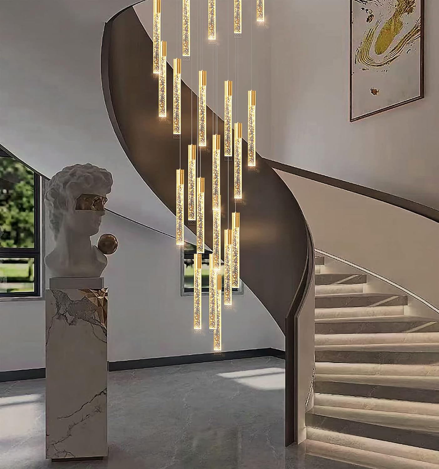 36 Lights 196" High Ceiling Chandelier Crystal Chrome Light Fixtures Dimmable Pendant Lighting Foyer Chandelier Fixtures for Living Room Staircase Hallway Flush Mount Ceiling Light Polished Chrome - Image 15