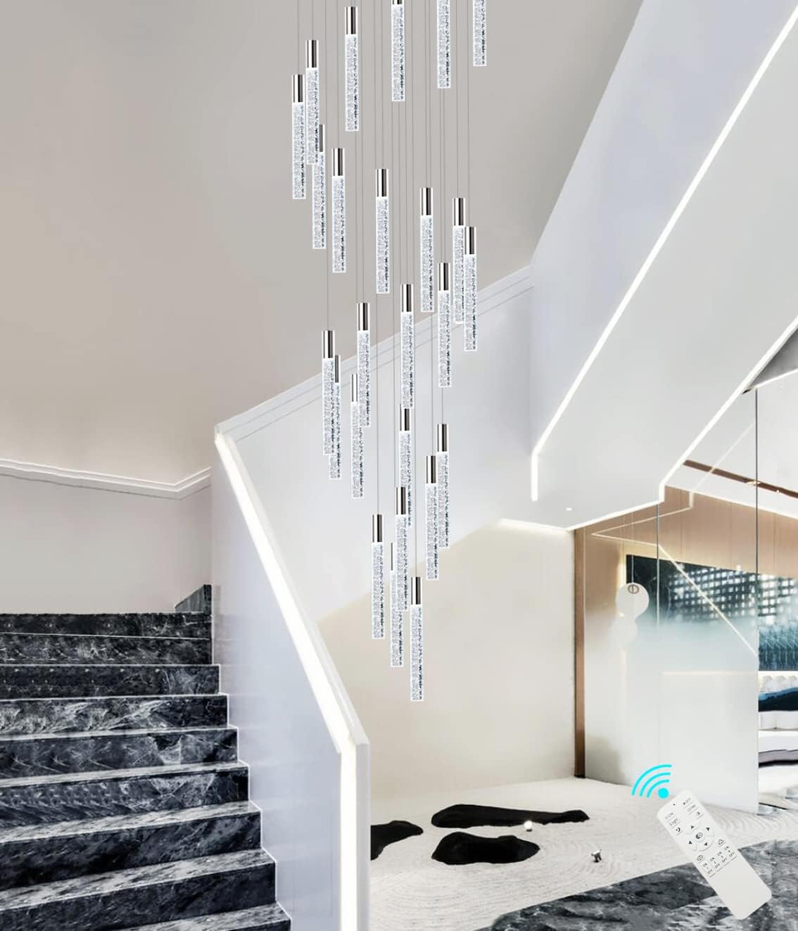 36 Lights 196" High Ceiling Chandelier Crystal Chrome Light Fixtures Dimmable Pendant Lighting Foyer Chandelier Fixtures for Living Room Staircase Hallway Flush Mount Ceiling Light Polished Chrome - Image 4