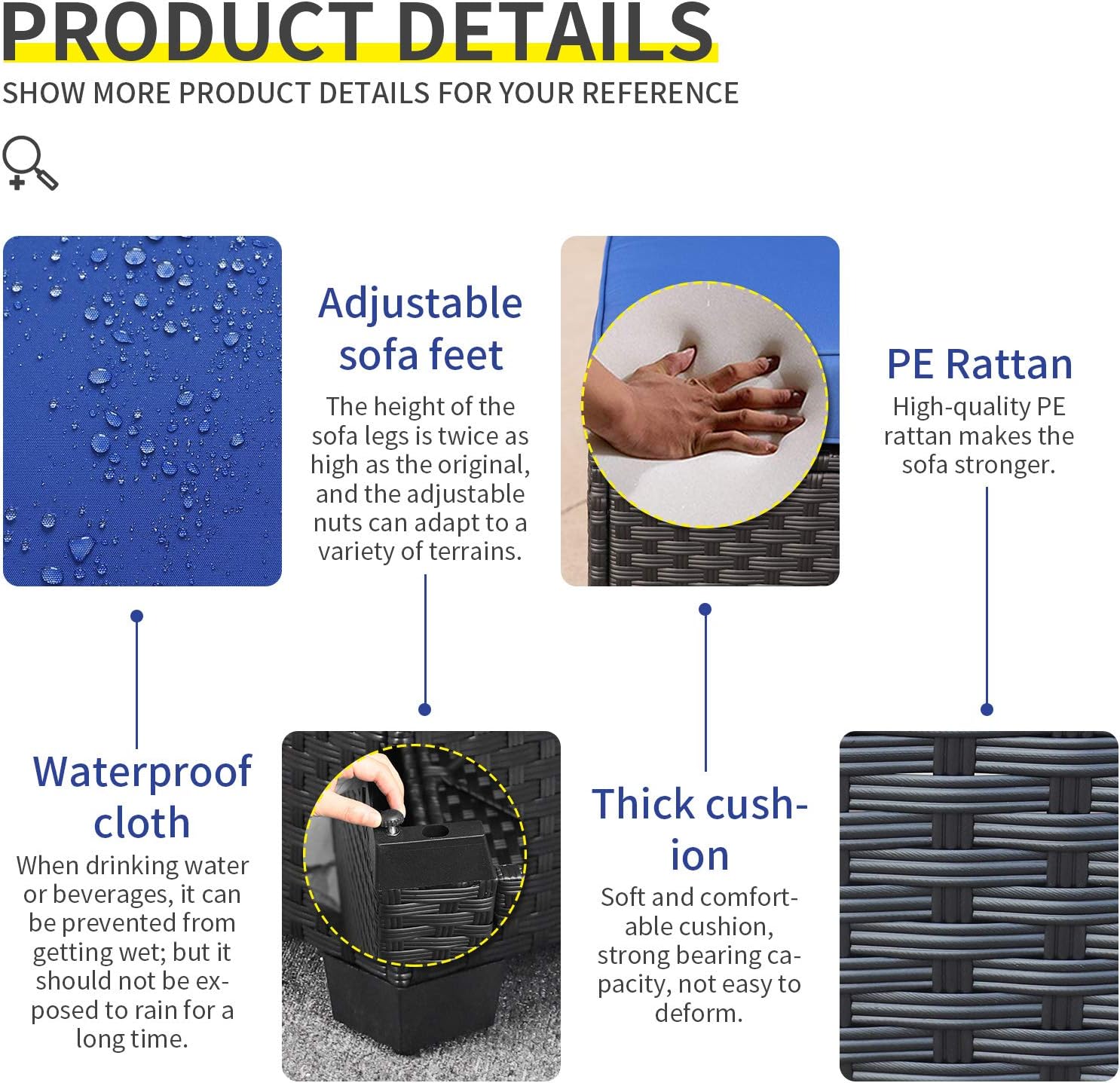 4 Pieces Patio PE Wicker Furniture Set Resin Rattan Outdoor Conversation Sofa Sets Sectional Couch with Table and Royal Blue Cushions - Image 4