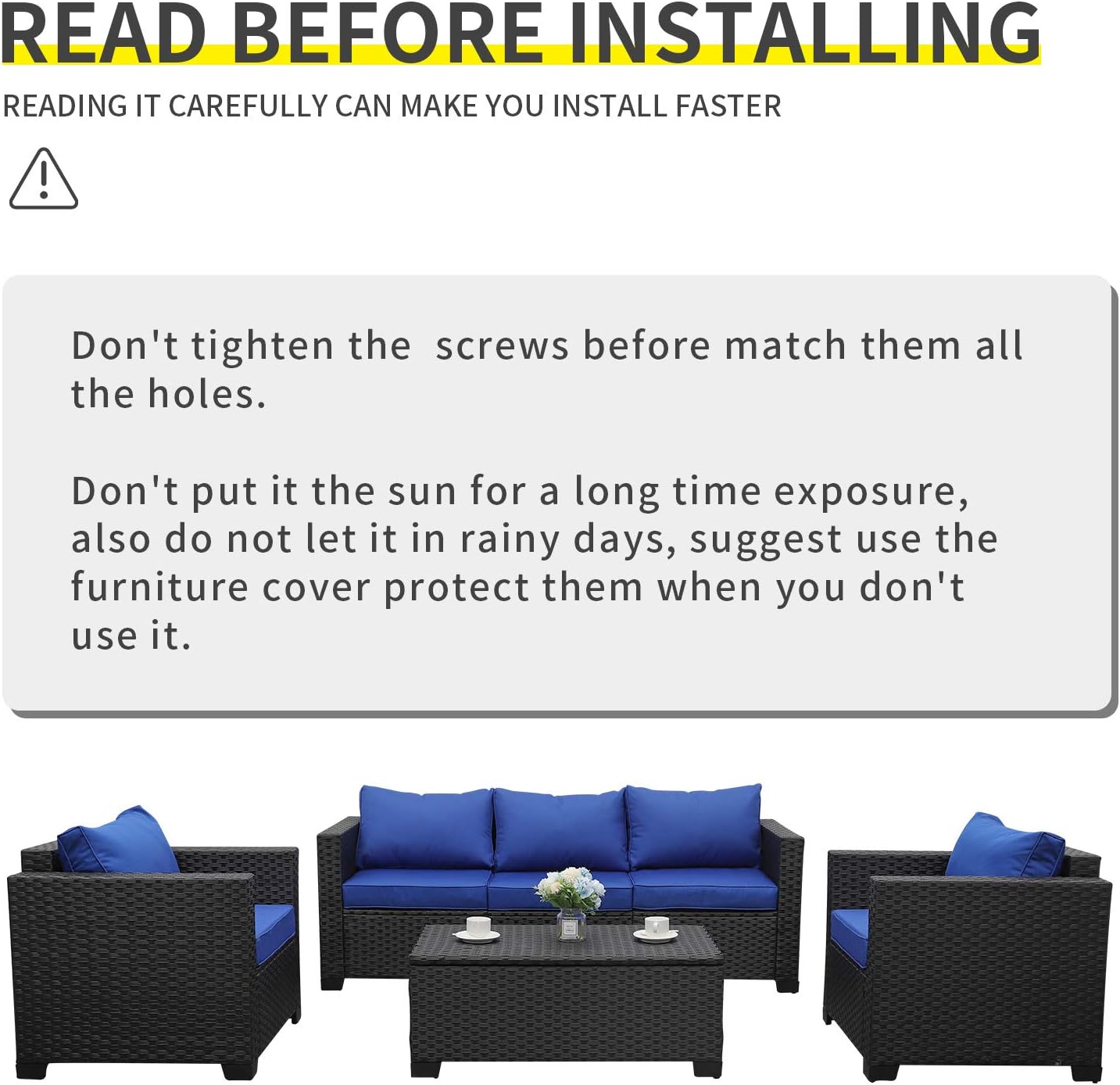 4 Pieces Patio PE Wicker Furniture Set Resin Rattan Outdoor Conversation Sofa Sets Sectional Couch with Table and Royal Blue Cushions - Image 8