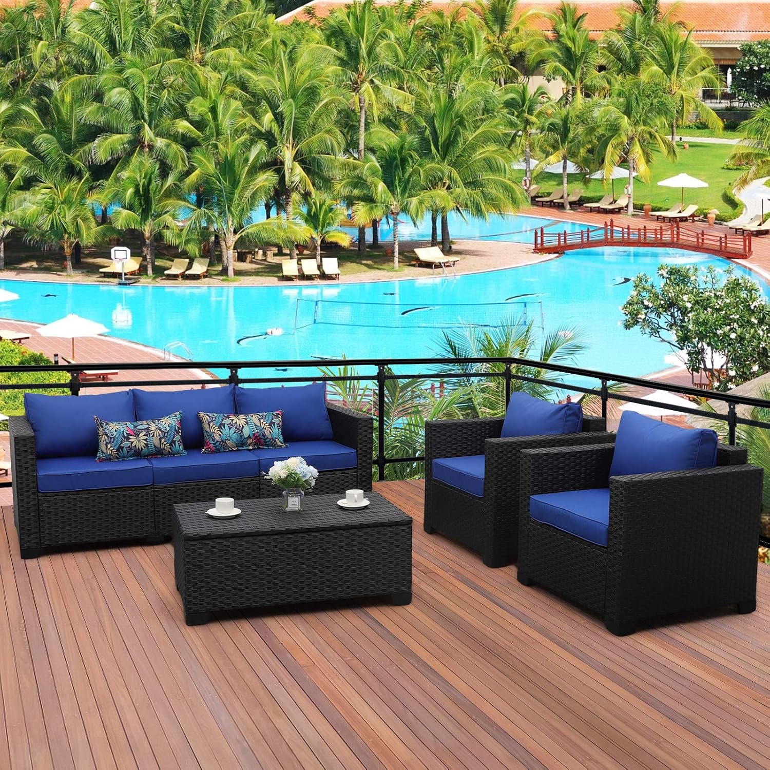 4 Pieces Patio PE Wicker Furniture Set Resin Rattan Outdoor Conversation Sofa Sets Sectional Couch with Table and Royal Blue Cushions - Image 2