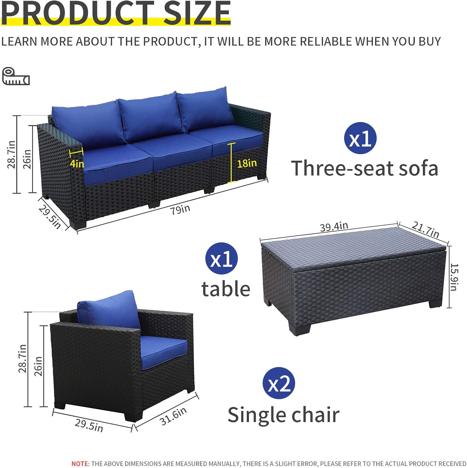 4 Pieces Patio PE Wicker Furniture Set Resin Rattan Outdoor Conversation Sofa Sets Sectional Couch with Table and Royal Blue Cushions - Image 3