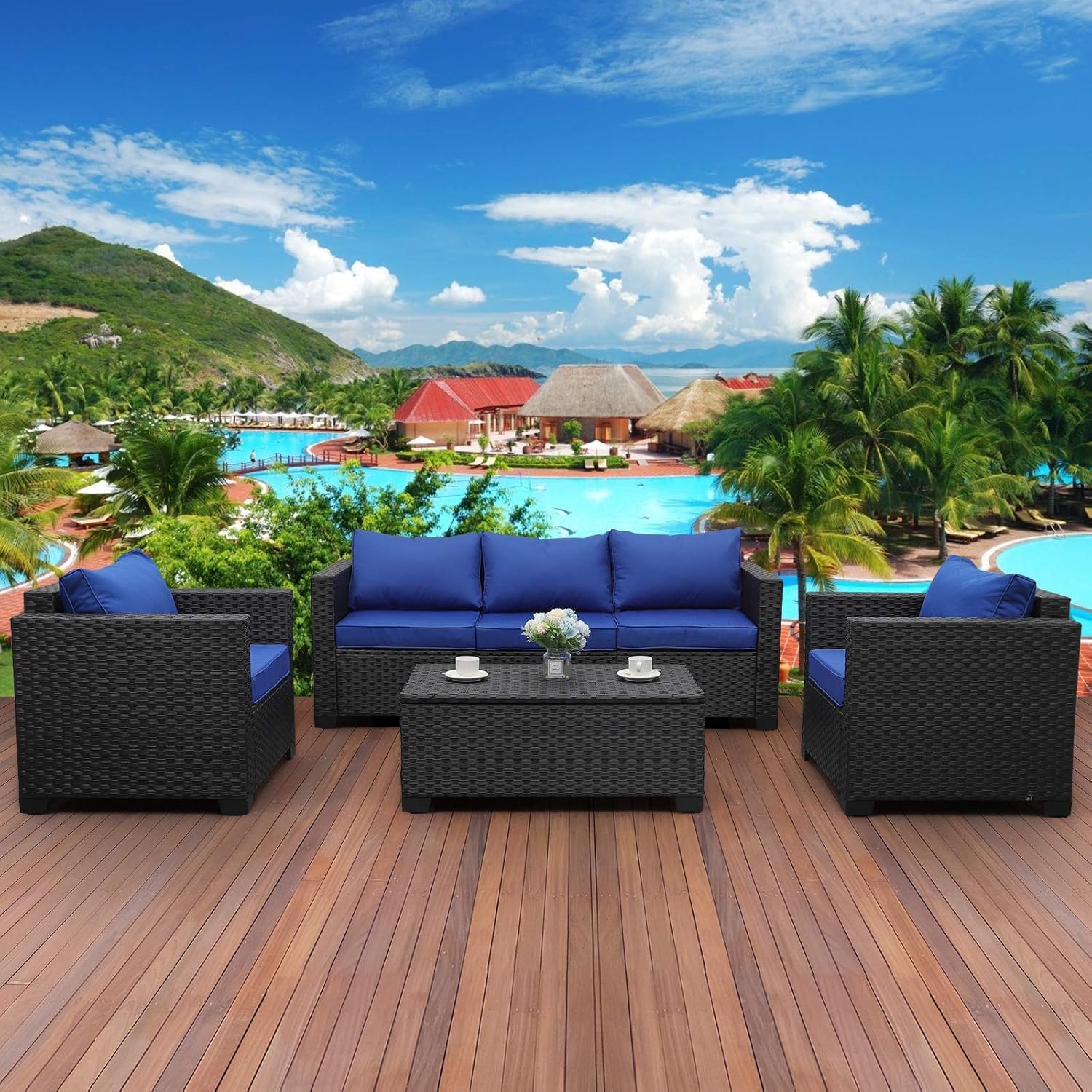 4 Pieces Patio PE Wicker Furniture Set Resin Rattan Outdoor Conversation Sofa Sets Sectional Couch with Table and Royal Blue Cushions