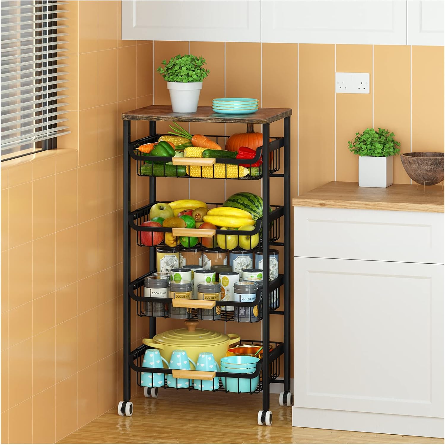 5-Tier Rolling Storage Cart with Wheels, Large Capacity Kitchen Rolling Storage Cart, Mobile Utility Cart with Wooden Tabletop and Mesh Baskets, Rolling Cart for Kitchen, Bathroom, Laundry Room