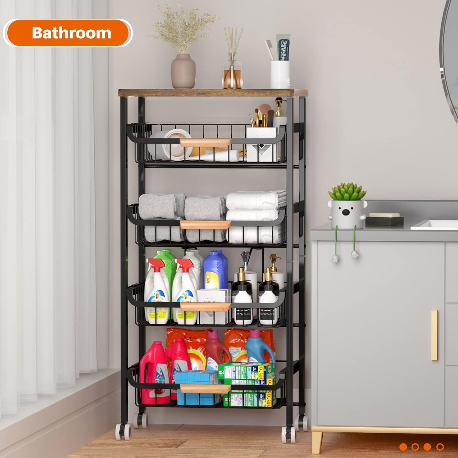 5-Tier Rolling Storage Cart with Wheels, Large Capacity Kitchen Rolling Storage Cart, Mobile Utility Cart with Wooden Tabletop and Mesh Baskets, Rolling Cart for Kitchen, Bathroom, Laundry Room - Image 7