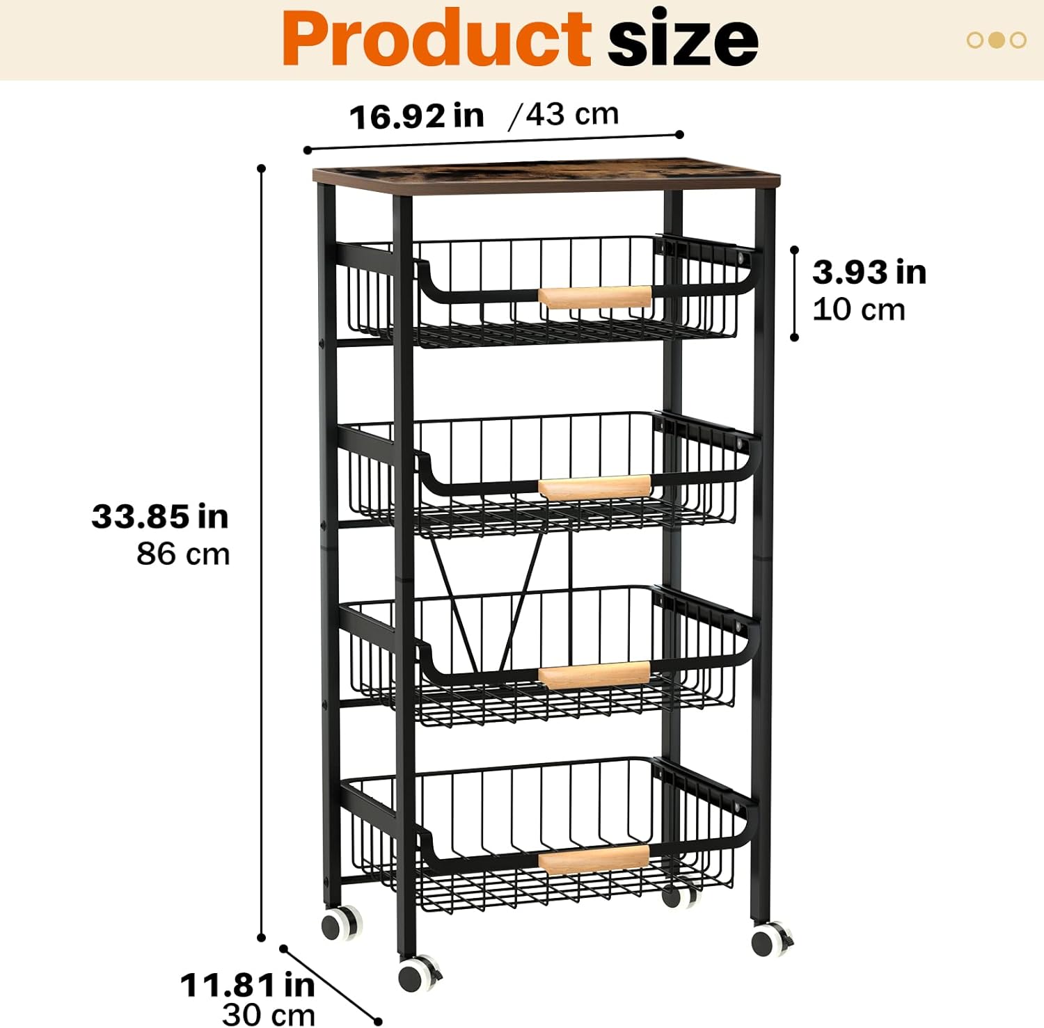 5-Tier Rolling Storage Cart with Wheels, Large Capacity Kitchen Rolling Storage Cart, Mobile Utility Cart with Wooden Tabletop and Mesh Baskets, Rolling Cart for Kitchen, Bathroom, Laundry Room - Image 2