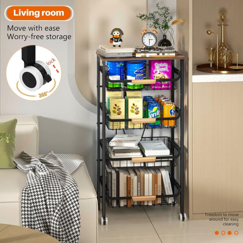 5-Tier Rolling Storage Cart with Wheels, Large Capacity Kitchen Rolling Storage Cart, Mobile Utility Cart with Wooden Tabletop and Mesh Baskets, Rolling Cart for Kitchen, Bathroom, Laundry Room - Image 5