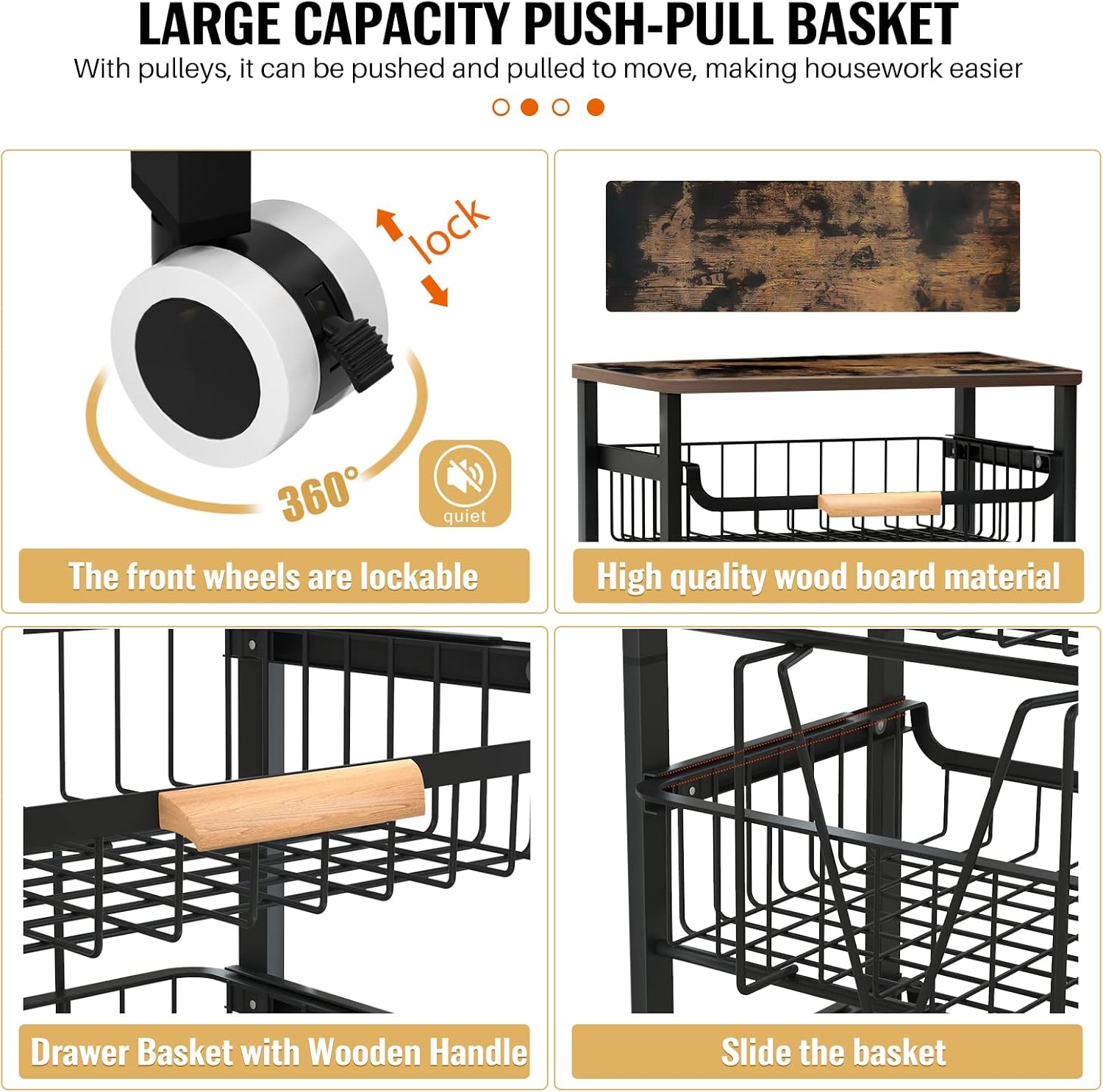 5-Tier Rolling Storage Cart with Wheels, Large Capacity Kitchen Rolling Storage Cart, Mobile Utility Cart with Wooden Tabletop and Mesh Baskets, Rolling Cart for Kitchen, Bathroom, Laundry Room - Image 3