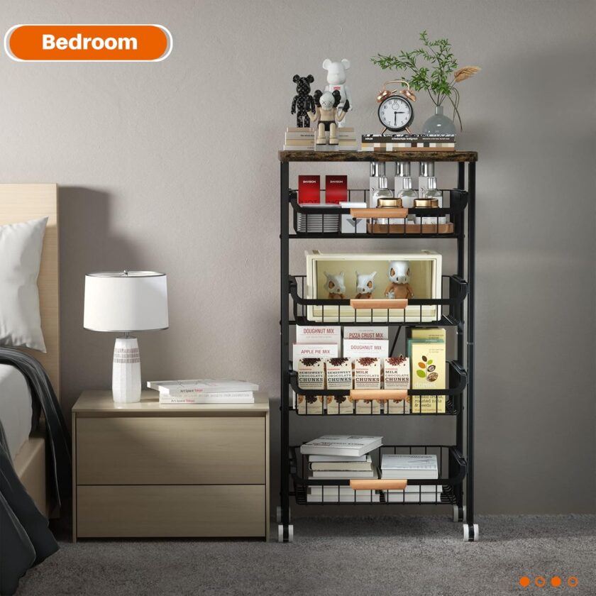 5-Tier Rolling Storage Cart with Wheels, Large Capacity Kitchen Rolling Storage Cart, Mobile Utility Cart with Wooden Tabletop and Mesh Baskets, Rolling Cart for Kitchen, Bathroom, Laundry Room - Image 6