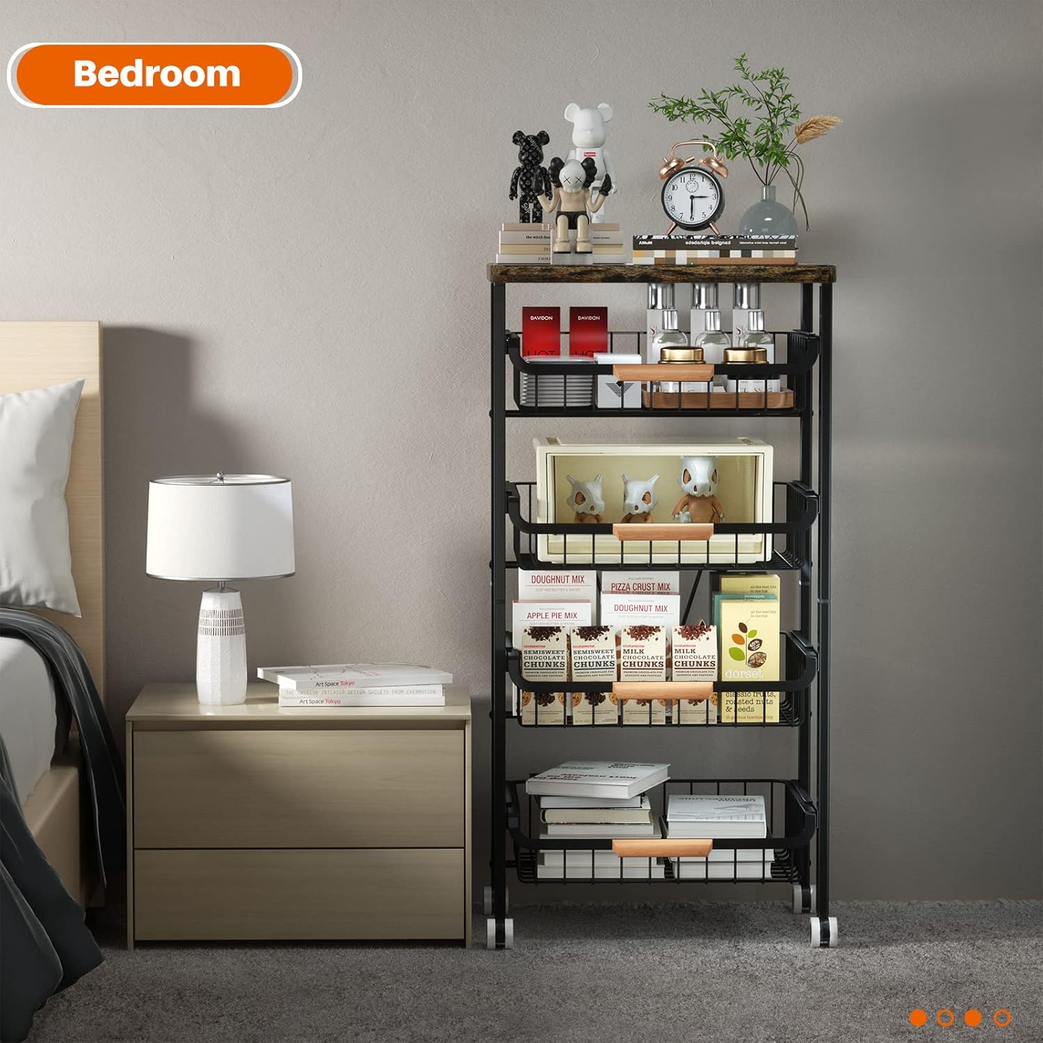 5-Tier Rolling Storage Cart with Wheels, Large Capacity Kitchen Rolling Storage Cart, Mobile Utility Cart with Wooden Tabletop and Mesh Baskets, Rolling Cart for Kitchen, Bathroom, Laundry Room - Image 6