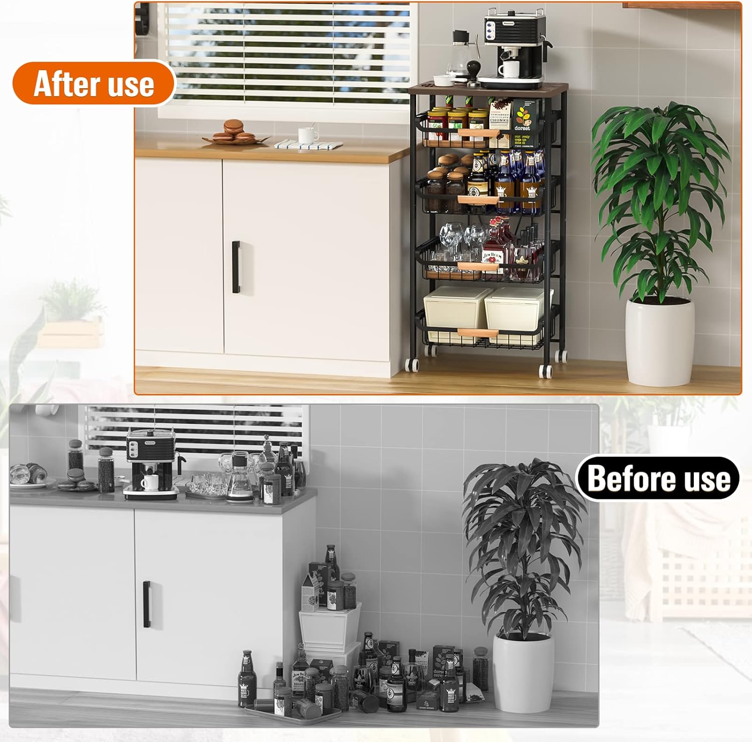 5-Tier Rolling Storage Cart with Wheels, Large Capacity Kitchen Rolling Storage Cart, Mobile Utility Cart with Wooden Tabletop and Mesh Baskets, Rolling Cart for Kitchen, Bathroom, Laundry Room - Image 4