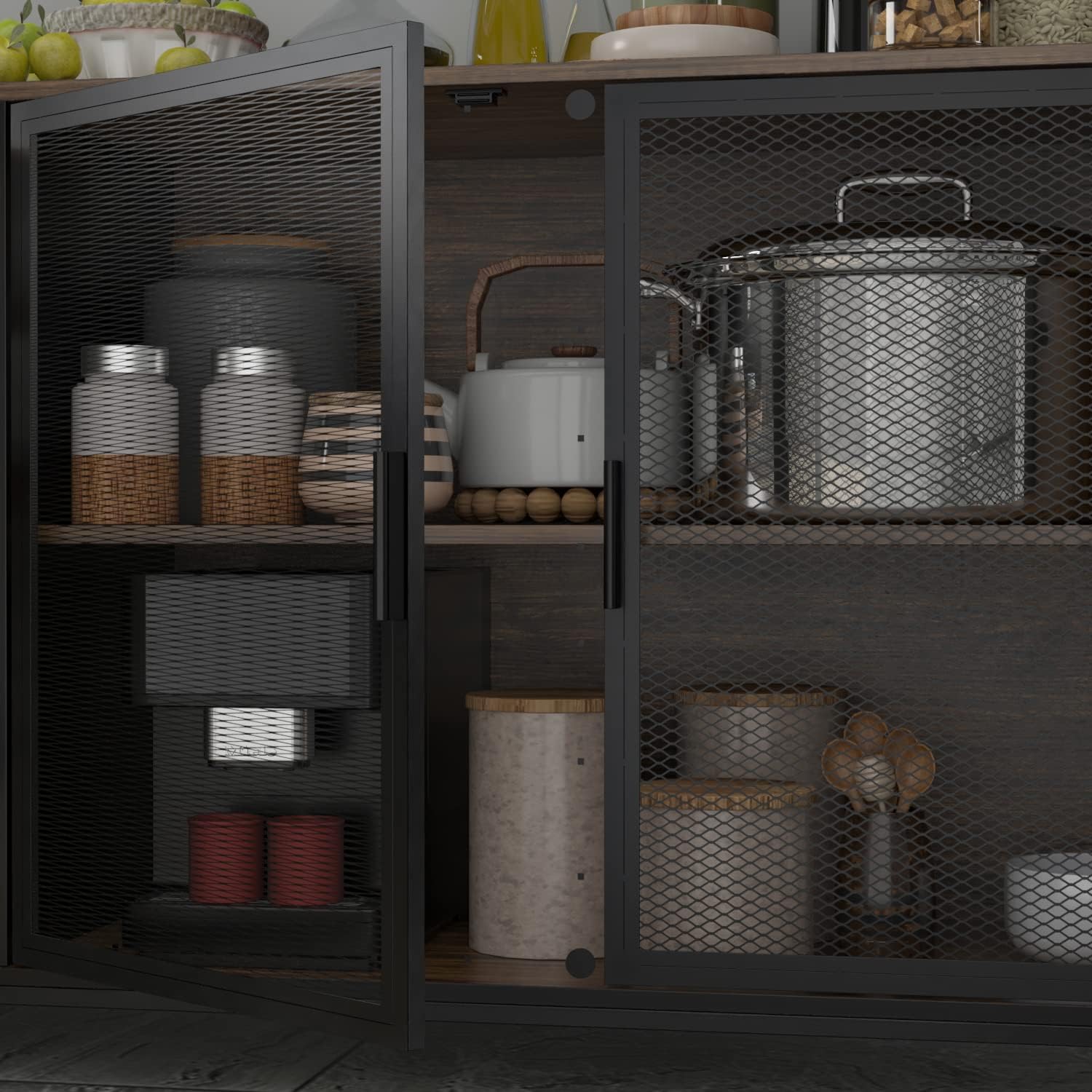 AIEGLE Large Kitchen Hutch Storage Cabinet, Pantry Cabinets with Hutch, Metal Frame Cupboard with Mesh Door, Drawer & Microwave Shelf, Freestanding Kitchen Storage, Brown (59" W x 15.7" D x 68.5" H) - Image 6