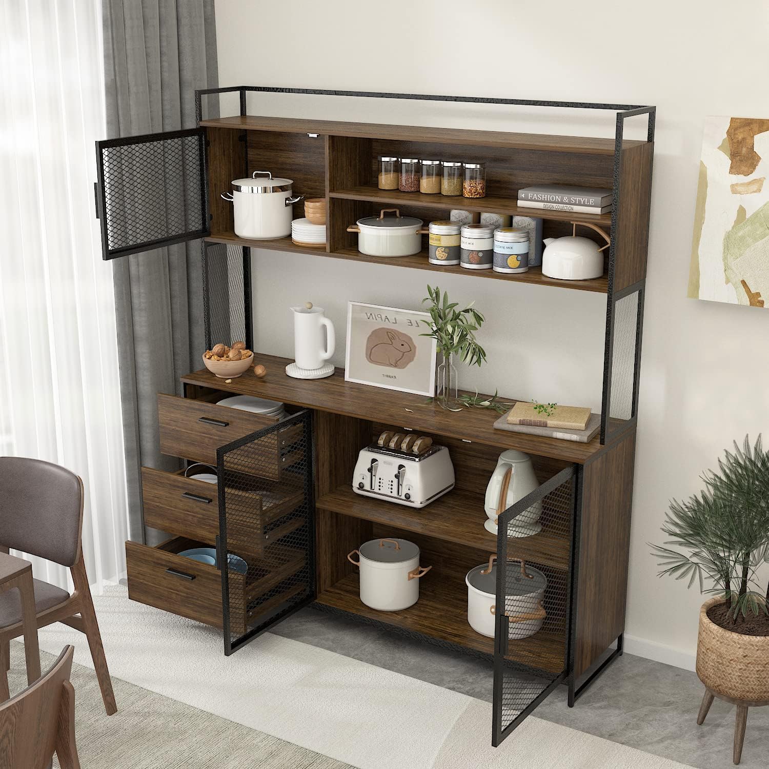 AIEGLE Large Kitchen Hutch Storage Cabinet, Pantry Cabinets with Hutch, Metal Frame Cupboard with Mesh Door, Drawer & Microwave Shelf, Freestanding Kitchen Storage, Brown (59" W x 15.7" D x 68.5" H) - Image 3