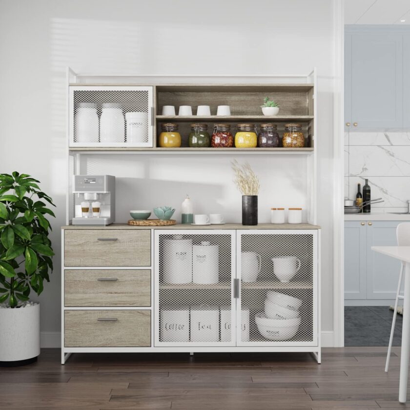 AIEGLE Large Kitchen Hutch Storage Cabinet, Pantry Cabinets with Hutch, Metal Frame Cupboard with Mesh Door, Drawer & Microwave Shelf, Freestanding Kitchen Storage, Brown (59" W x 15.7" D x 68.5" H) - Image 7