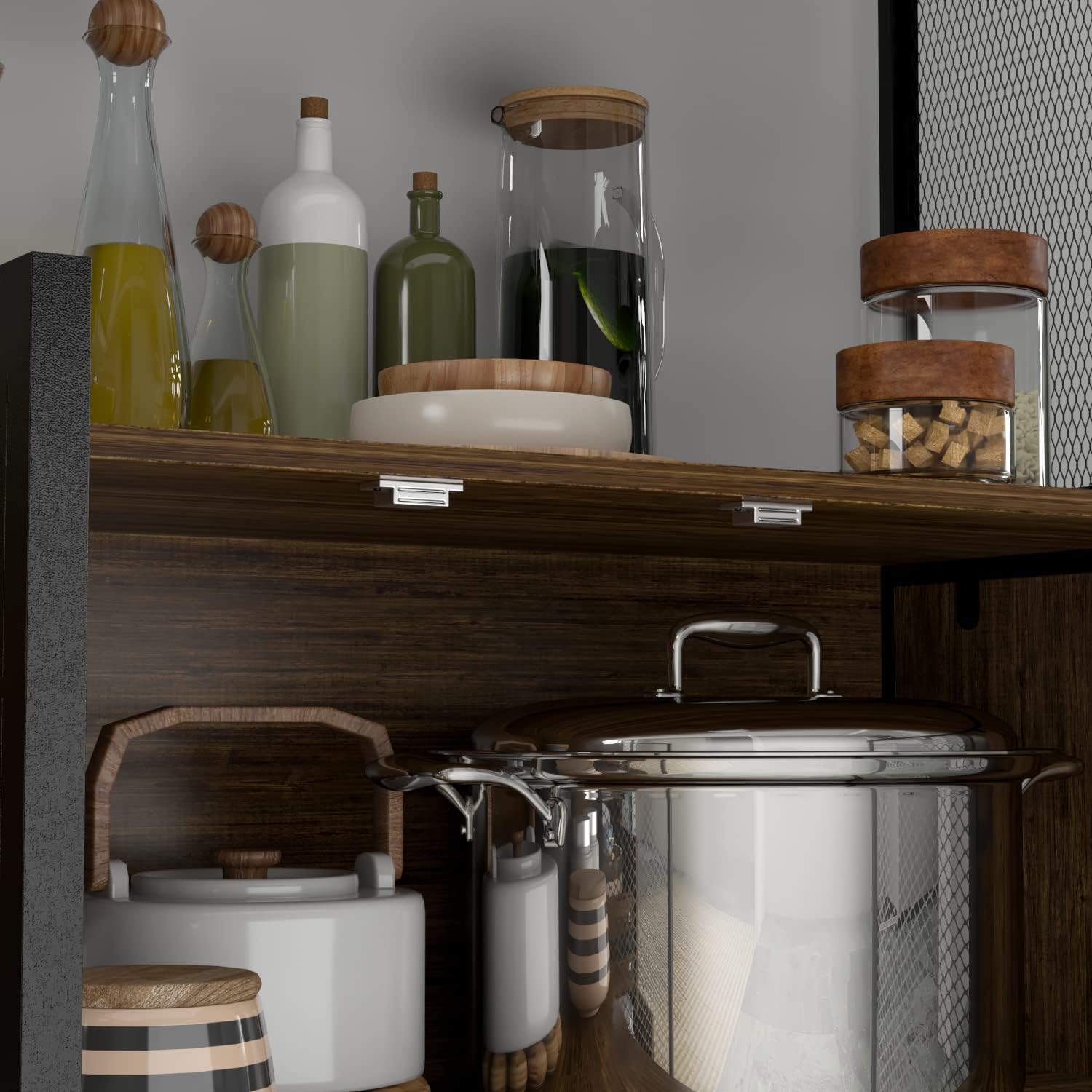 AIEGLE Large Kitchen Hutch Storage Cabinet, Pantry Cabinets with Hutch, Metal Frame Cupboard with Mesh Door, Drawer & Microwave Shelf, Freestanding Kitchen Storage, Brown (59" W x 15.7" D x 68.5" H) - Image 4