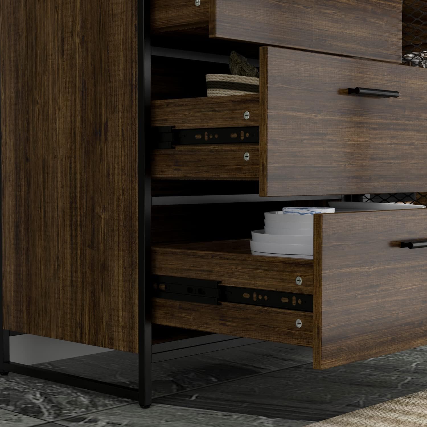 AIEGLE Large Kitchen Hutch Storage Cabinet, Pantry Cabinets with Hutch, Metal Frame Cupboard with Mesh Door, Drawer & Microwave Shelf, Freestanding Kitchen Storage, Brown (59" W x 15.7" D x 68.5" H) - Image 5