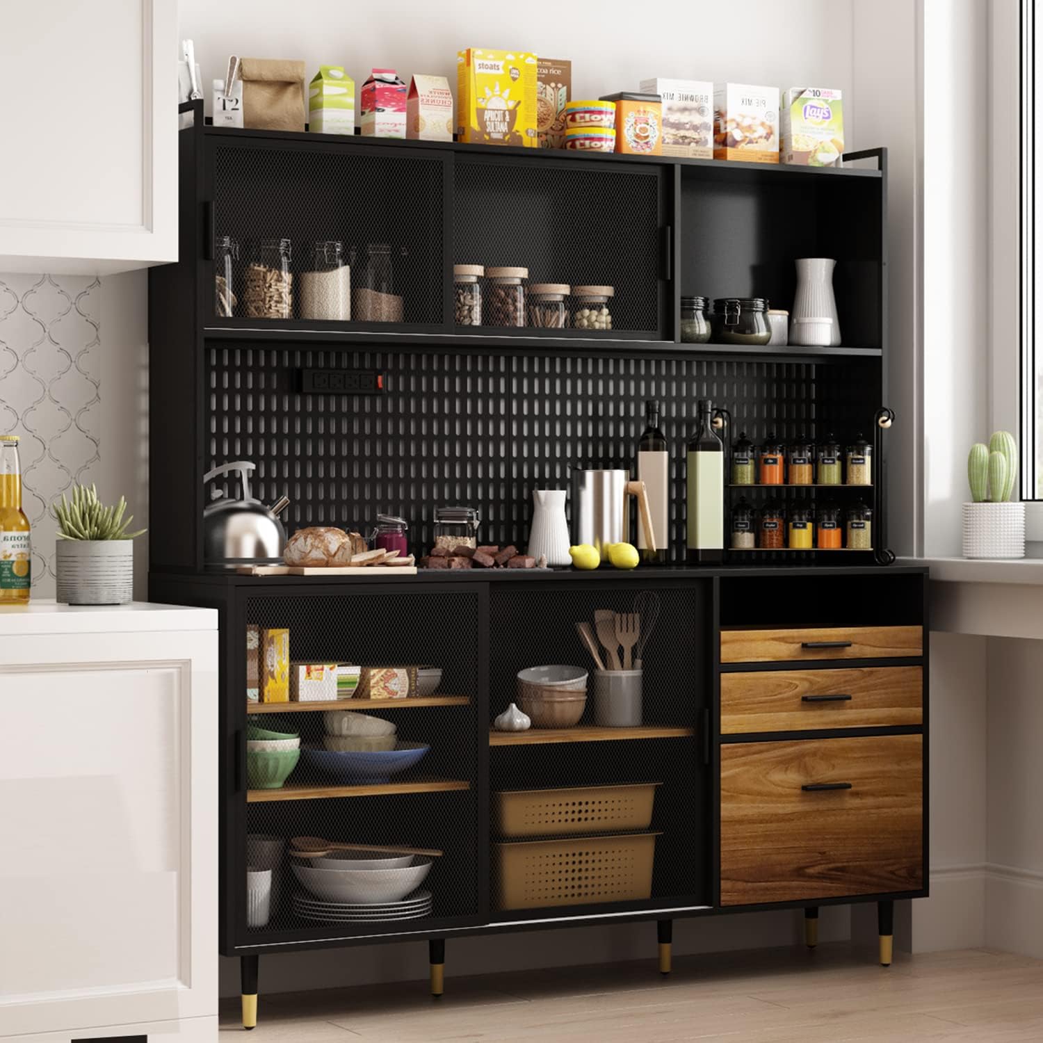 AIEGLE Large Kitchen Hutch Storage Cabinet, Pantry Cabinets with Hutch, Metal Frame Cupboard with Mesh Door, Drawer & Microwave Shelf, Freestanding Kitchen Storage, Brown (59" W x 15.7" D x 68.5" H) - Image 8
