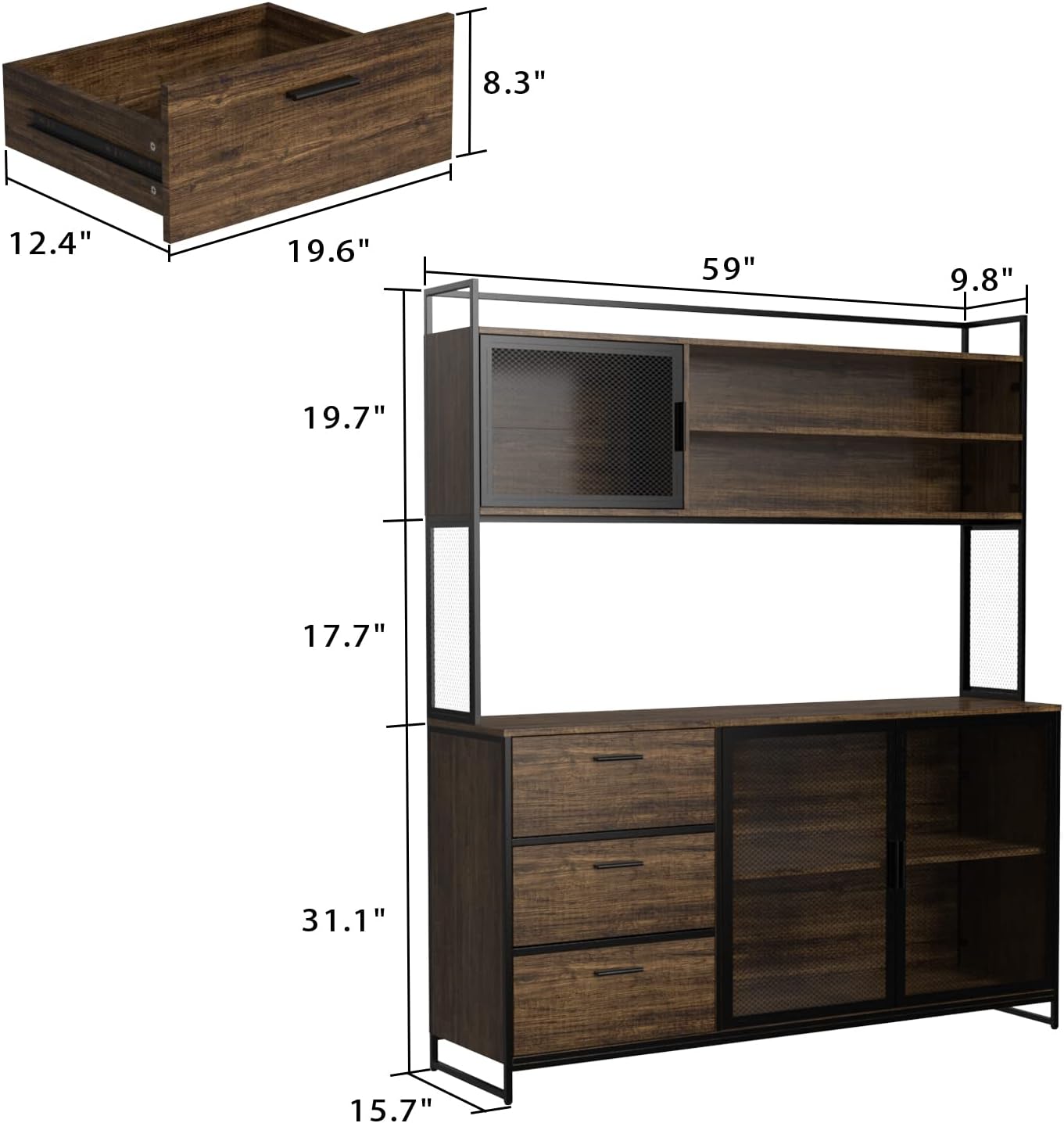 AIEGLE Large Kitchen Hutch Storage Cabinet, Pantry Cabinets with Hutch, Metal Frame Cupboard with Mesh Door, Drawer & Microwave Shelf, Freestanding Kitchen Storage, Brown (59" W x 15.7" D x 68.5" H) - Image 2