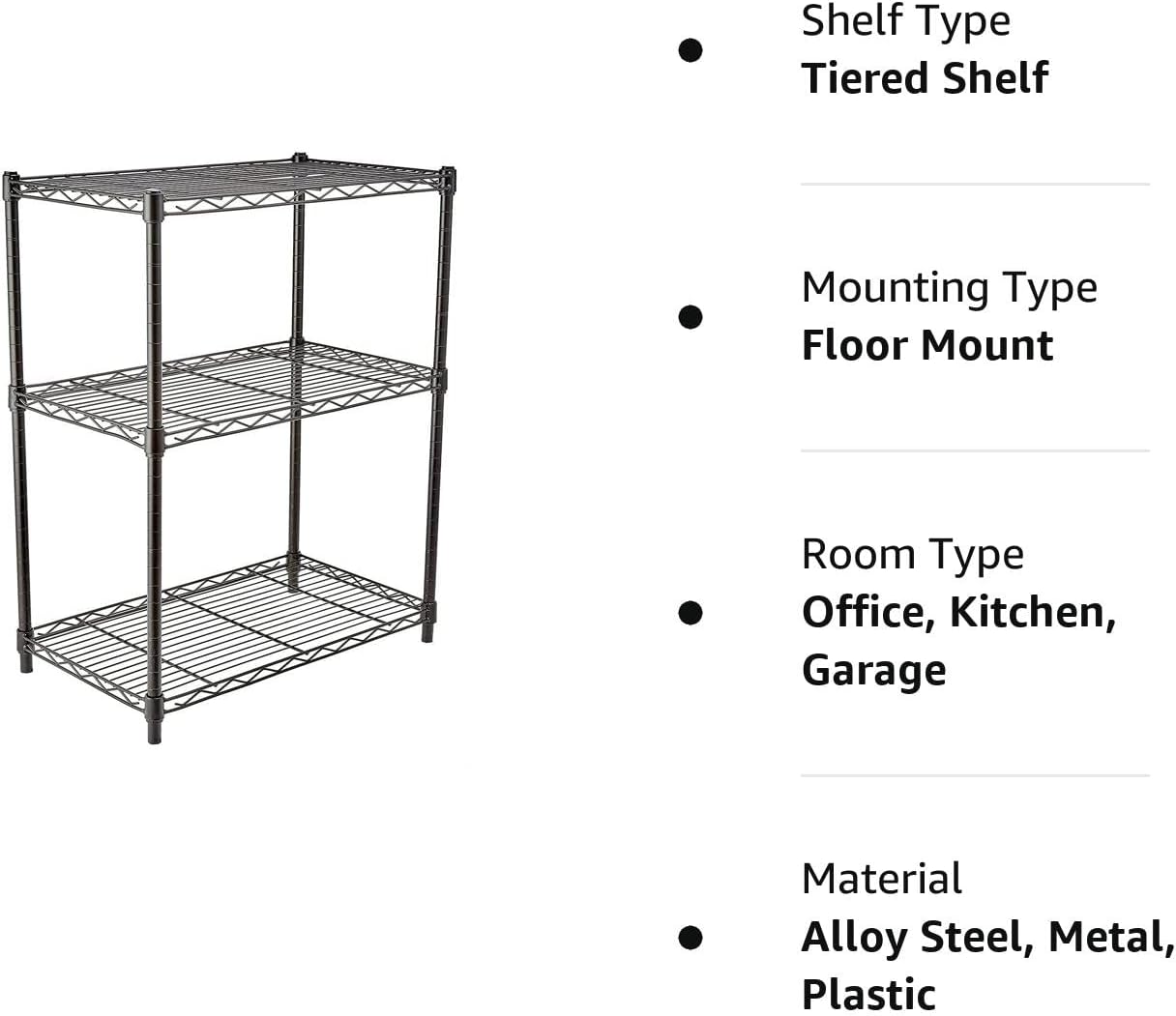Amazon Basics 3-Shelf Adjustable, Heavy Duty Storage Shelving Unit (250 lbs loading capacity per shelf), Steel Organizer Wire Rack, Black, 23.2"L x 13.4"W x 30"H - Image 6