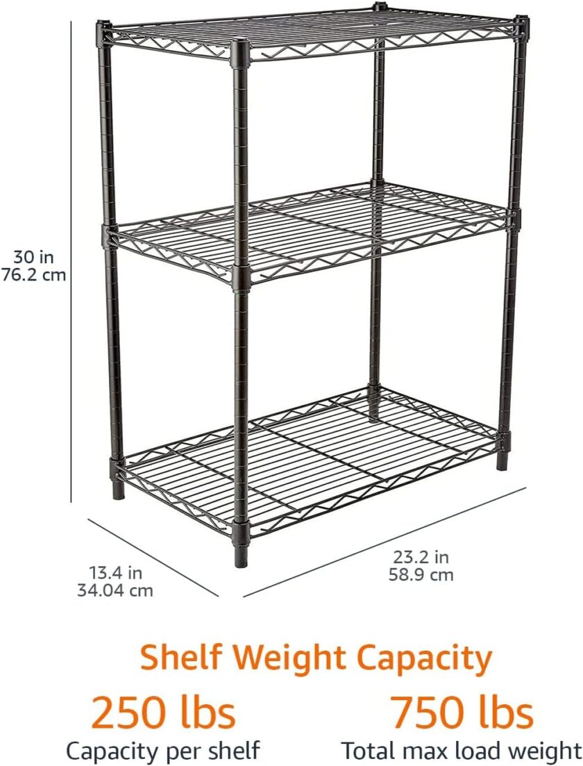 Amazon Basics 3-Shelf Adjustable, Heavy Duty Storage Shelving Unit (250 lbs loading capacity per shelf), Steel Organizer Wire Rack, Black, 23.2"L x 13.4"W x 30"H - Image 3