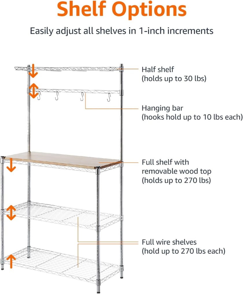 Amazon Basics 3 Tier Kitchen Storage Baker's Rack With Removeable Top, Wood\/Chrome, 14" D x 36" W x 63.4" H - Image 2