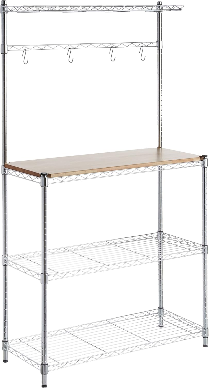 Amazon Basics 3 Tier Kitchen Storage Baker's Rack With Removeable Top, Wood\/Chrome, 14" D x 36" W x 63.4" H