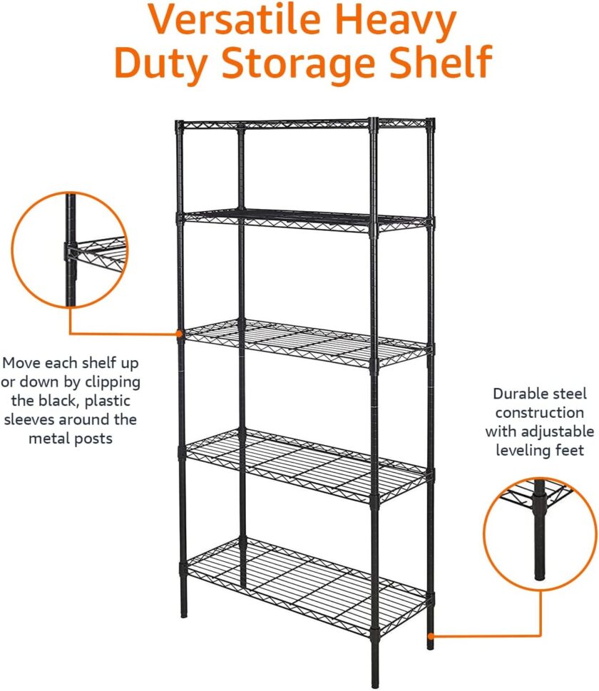 Amazon Basics 5-Shelf Adjustable, Heavy Duty Storage Shelving Unit (350 lbs loading capacity per shelf), Steel Organizer Wire Rack, Black (36L x 14W x 72H) - Image 4