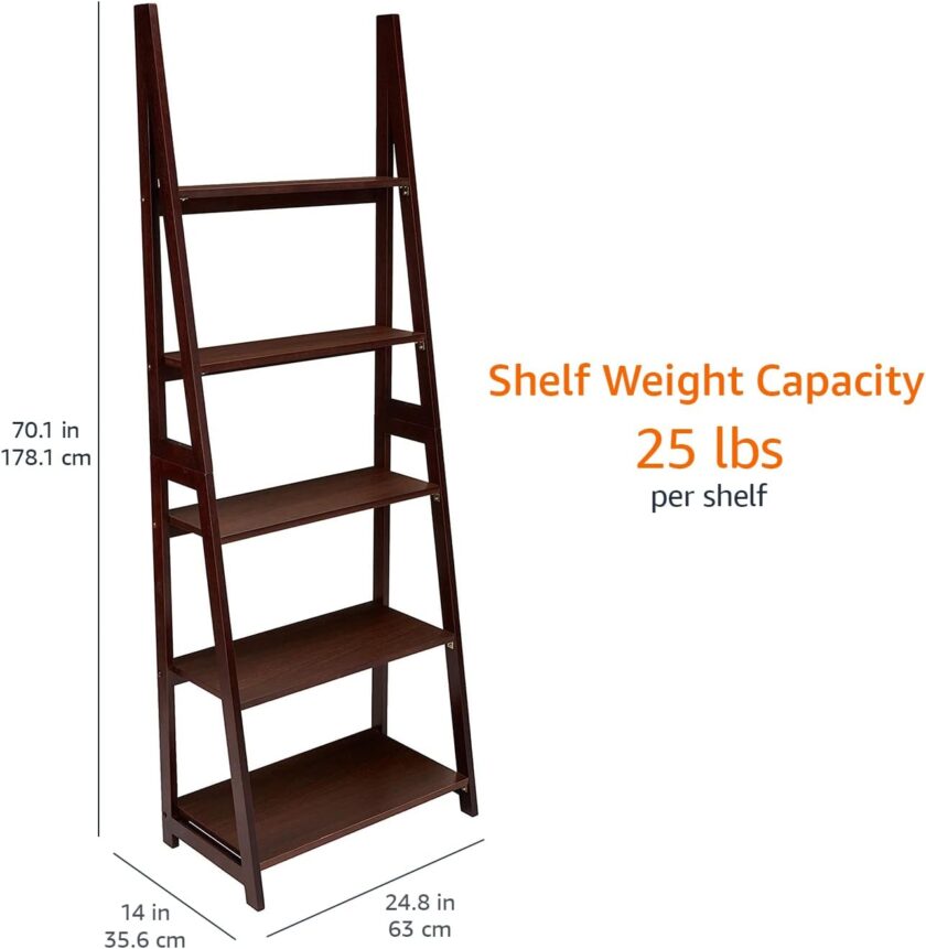 Amazon Basics Modern 5-Tier Ladder Bookshelf Organizer, Solid Rubberwood Frame, Espresso Finish, 14 D x 24.8 W x 70.1 H in - Image 4