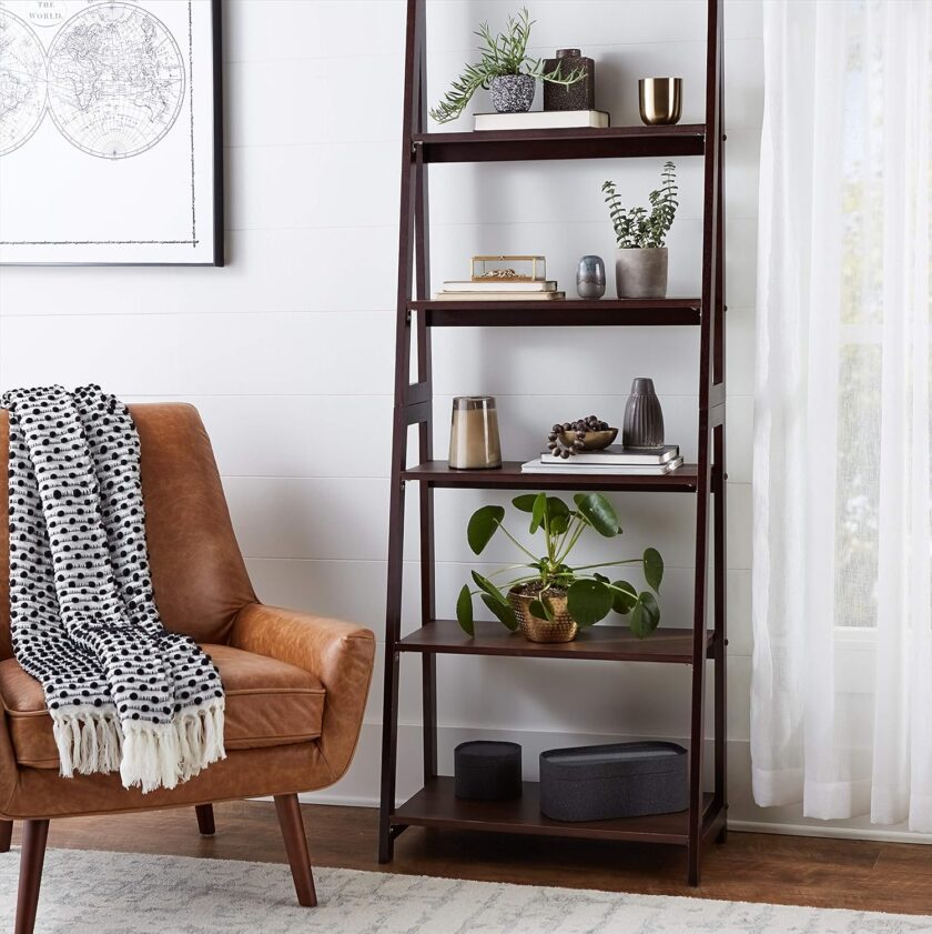Amazon Basics Modern 5-Tier Ladder Bookshelf Organizer, Solid Rubberwood Frame, Espresso Finish, 14 D x 24.8 W x 70.1 H in - Image 5