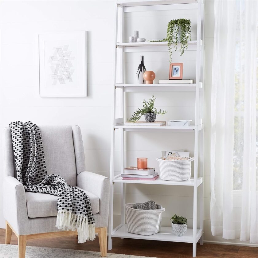 Amazon Basics Rubberwood 5 Shelf Ladder Bookcase, White, 15.03" D x 25.98" W x 74.48" H - Image 2
