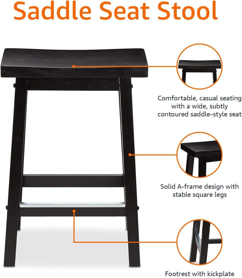 Amazon Basics Solid Wood Saddle-Seat Kitchen Counter-Height Stool, 24-Inch Height, Black - Set of 2 - Image 6