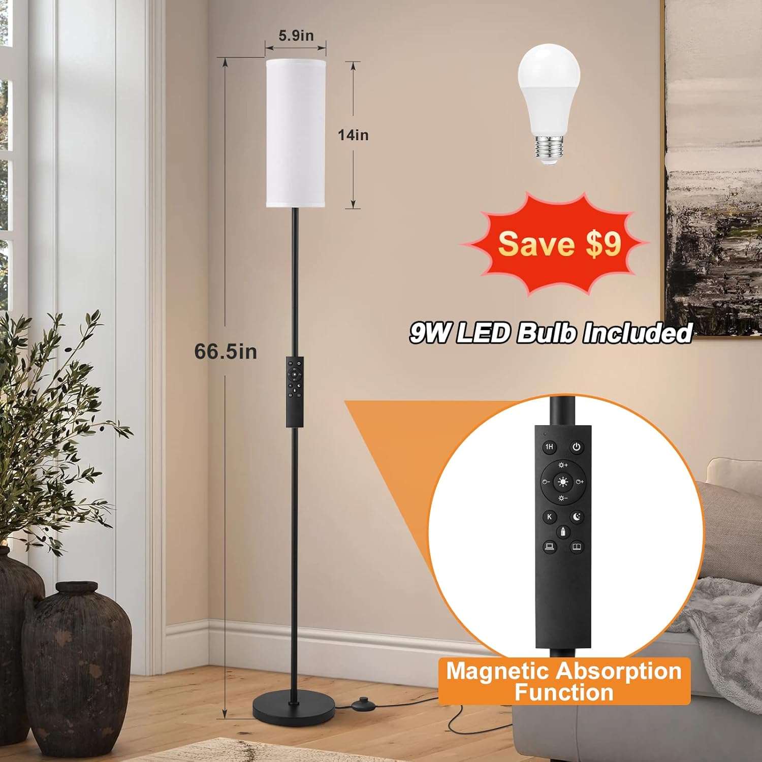 Ambimall Floor Lamps for Living Room, Modern Floor Lamp with Remote Control and Stepless Dimmable Colors Temperature & Brightness, Standing Lamps for Living Room Bedroom Office, 9W Bulb Included - Image 2