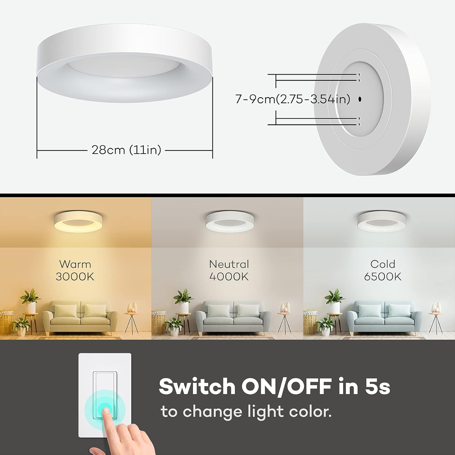 Annaror LED Flush Mount Ceiling Light with Remote Control, 24W 3000K-6500K Dimmable Ceiling Light Fixture, Modern Led Ceiling Lights for Bedroom Kitchen Living Room, 11 Inch White - Image 7
