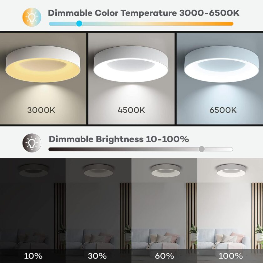 Annaror LED Flush Mount Ceiling Light with Remote Control, 24W 3000K-6500K Dimmable Ceiling Light Fixture, Modern Led Ceiling Lights for Bedroom Kitchen Living Room, 11 Inch White - Image 2