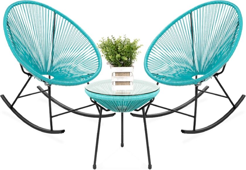 Best Choice Products 3-Piece Outdoor Acapulco All-Weather Woven Rope Patio Conversation Bistro Set w\/Glass Top Table and 2 Rocking Chairs - Blue