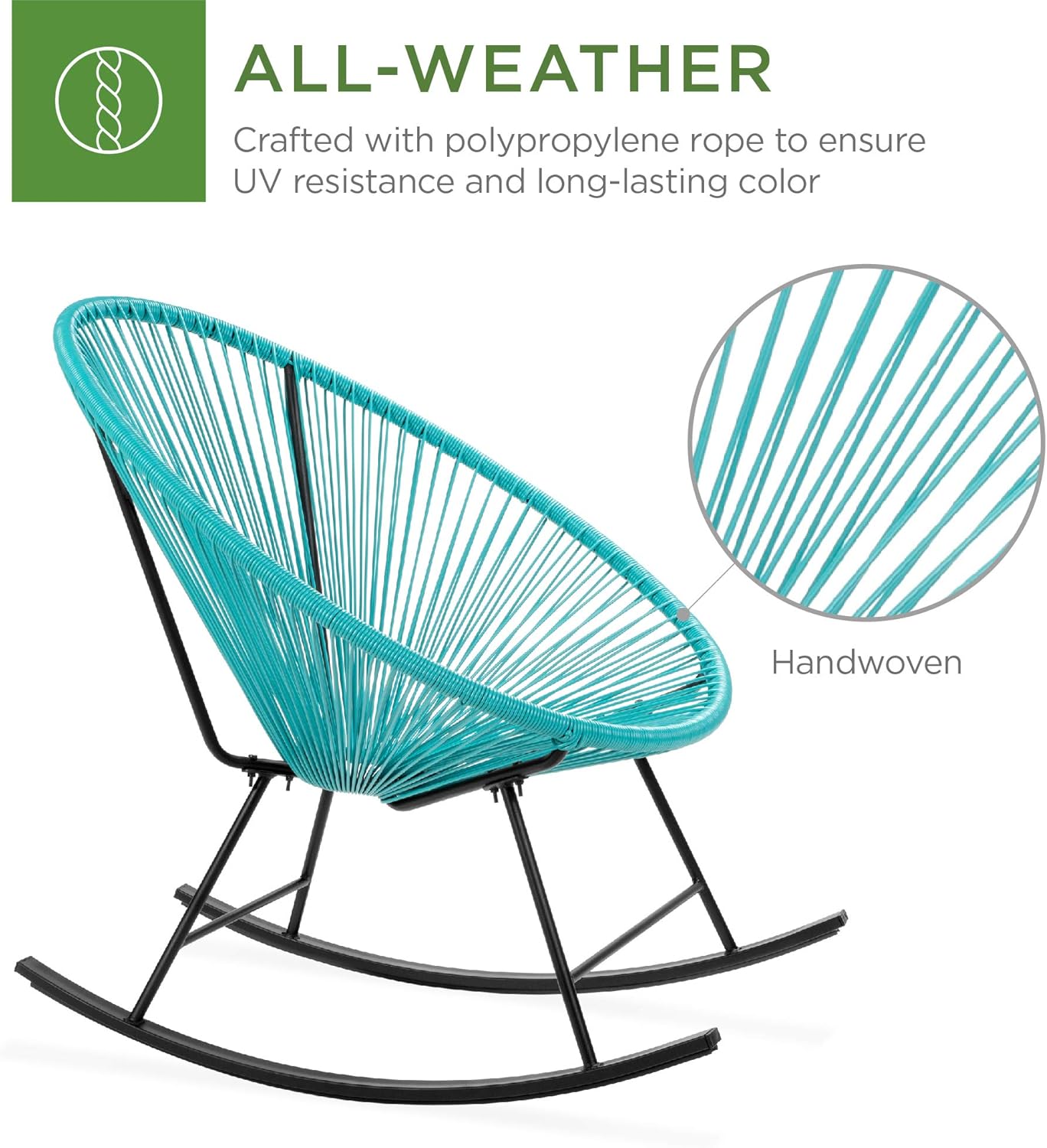 Best Choice Products 3-Piece Outdoor Acapulco All-Weather Woven Rope Patio Conversation Bistro Set w\/Glass Top Table and 2 Rocking Chairs - Blue - Image 4