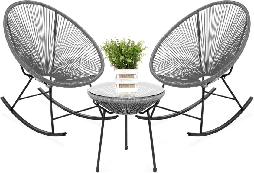 Best Choice Products 3-Piece Outdoor Acapulco All-Weather Woven Rope Patio Conversation Bistro Set w\/Glass Top Table and 2 Rocking Chairs - Blue - Image 9