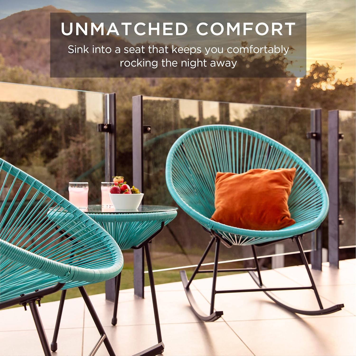 Best Choice Products 3-Piece Outdoor Acapulco All-Weather Woven Rope Patio Conversation Bistro Set w\/Glass Top Table and 2 Rocking Chairs - Blue - Image 3