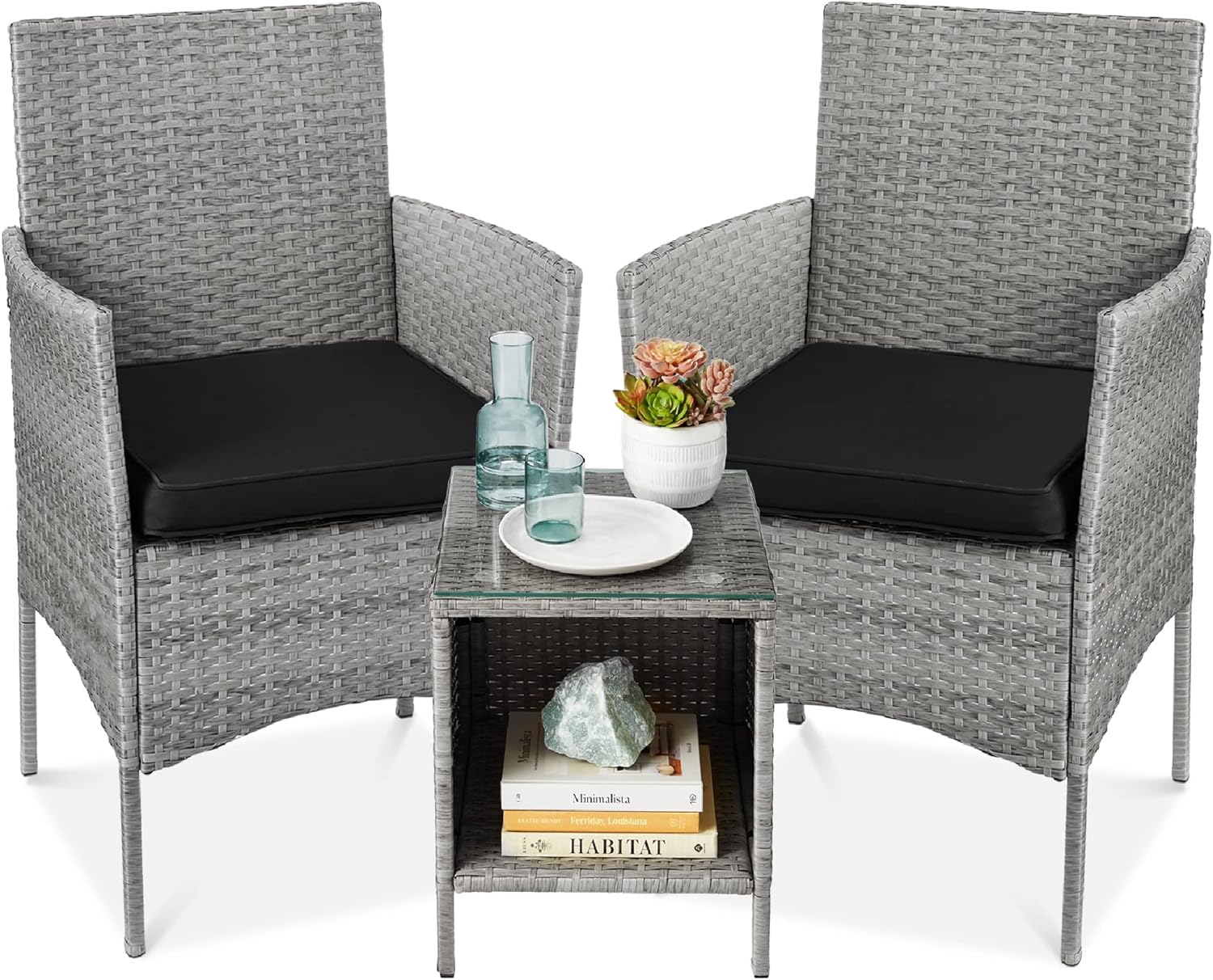 Best Choice Products 3-Piece Outdoor Wicker Conversation Bistro Set, Space Saving Patio Furniture for Yard, Garden w\/ 2 Chairs, 2 Cushions, Side Storage Table - Gray\/Black