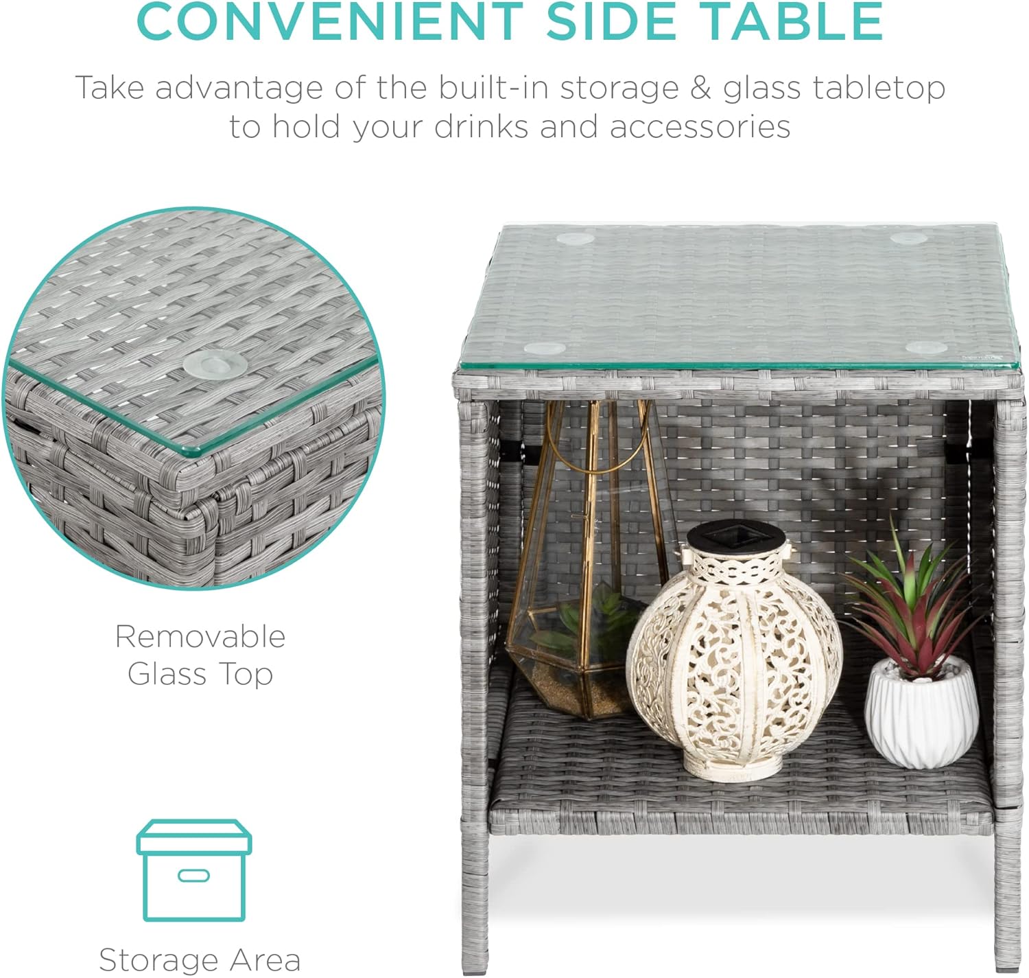 Best Choice Products 3-Piece Outdoor Wicker Conversation Bistro Set, Space Saving Patio Furniture for Yard, Garden w\/ 2 Chairs, 2 Cushions, Side Storage Table - Gray\/Black - Image 3