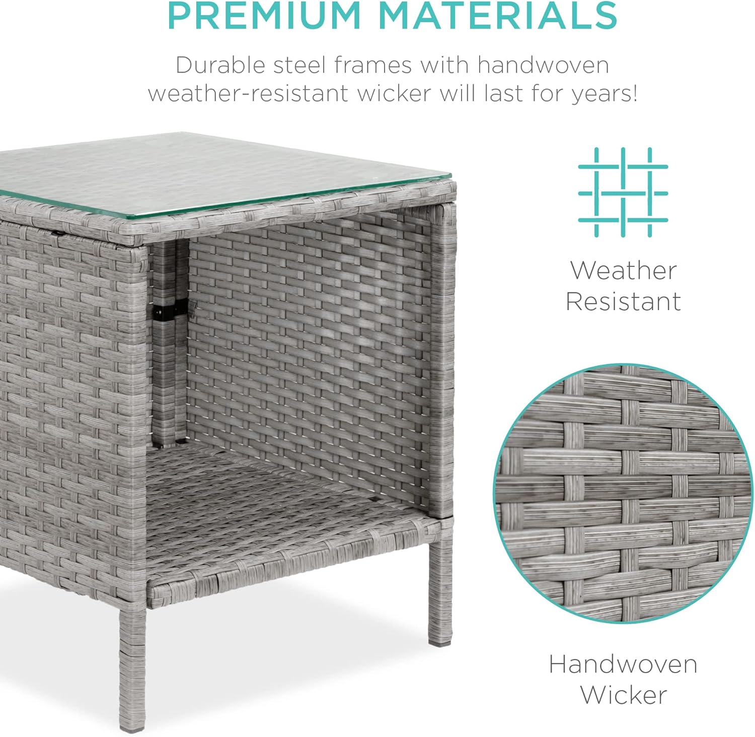 Best Choice Products 3-Piece Outdoor Wicker Conversation Bistro Set, Space Saving Patio Furniture for Yard, Garden w\/ 2 Chairs, 2 Cushions, Side Storage Table - Gray\/Black - Image 5