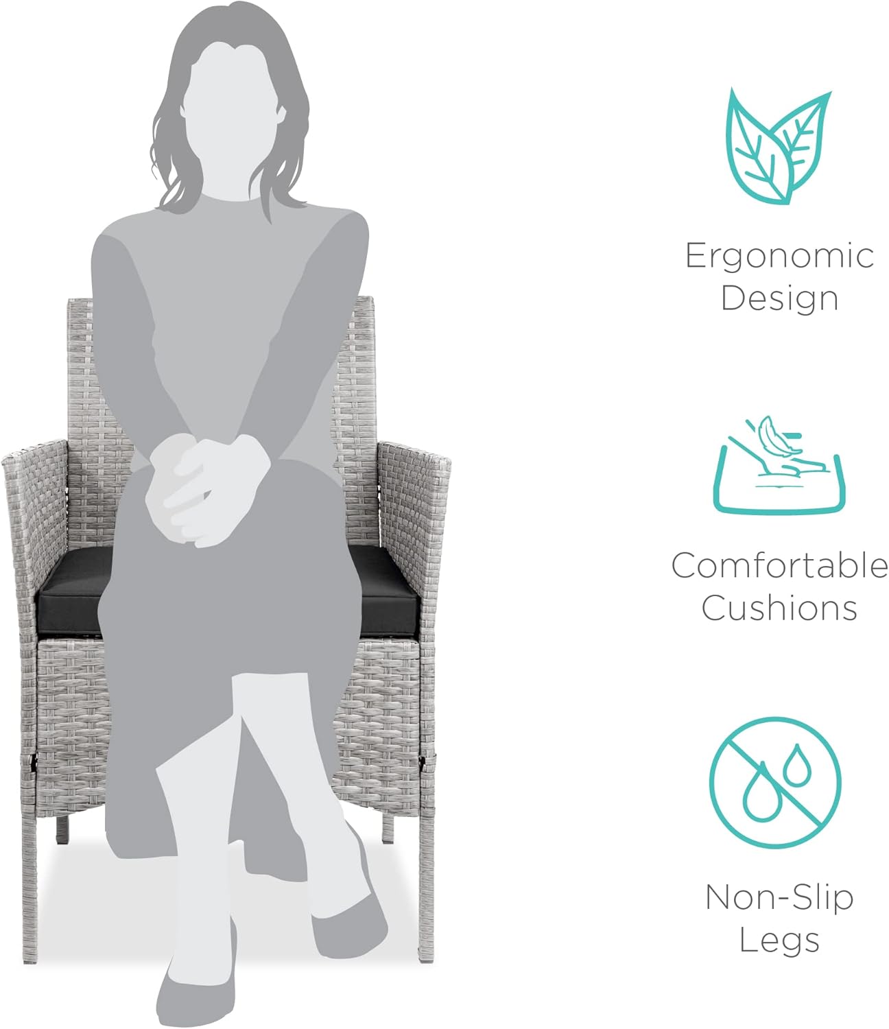 Best Choice Products 3-Piece Outdoor Wicker Conversation Bistro Set, Space Saving Patio Furniture for Yard, Garden w\/ 2 Chairs, 2 Cushions, Side Storage Table - Gray\/Black - Image 2