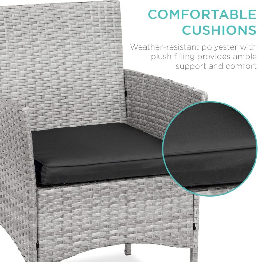 Best Choice Products 3-Piece Outdoor Wicker Conversation Bistro Set, Space Saving Patio Furniture for Yard, Garden w\/ 2 Chairs, 2 Cushions, Side Storage Table - Gray\/Black - Image 4
