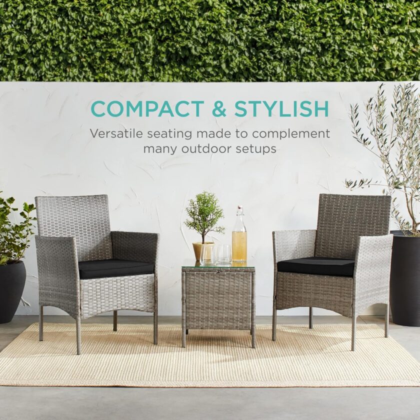 Best Choice Products 3-Piece Outdoor Wicker Conversation Bistro Set, Space Saving Patio Furniture for Yard, Garden w\/ 2 Chairs, 2 Cushions, Side Storage Table - Gray\/Black - Image 6